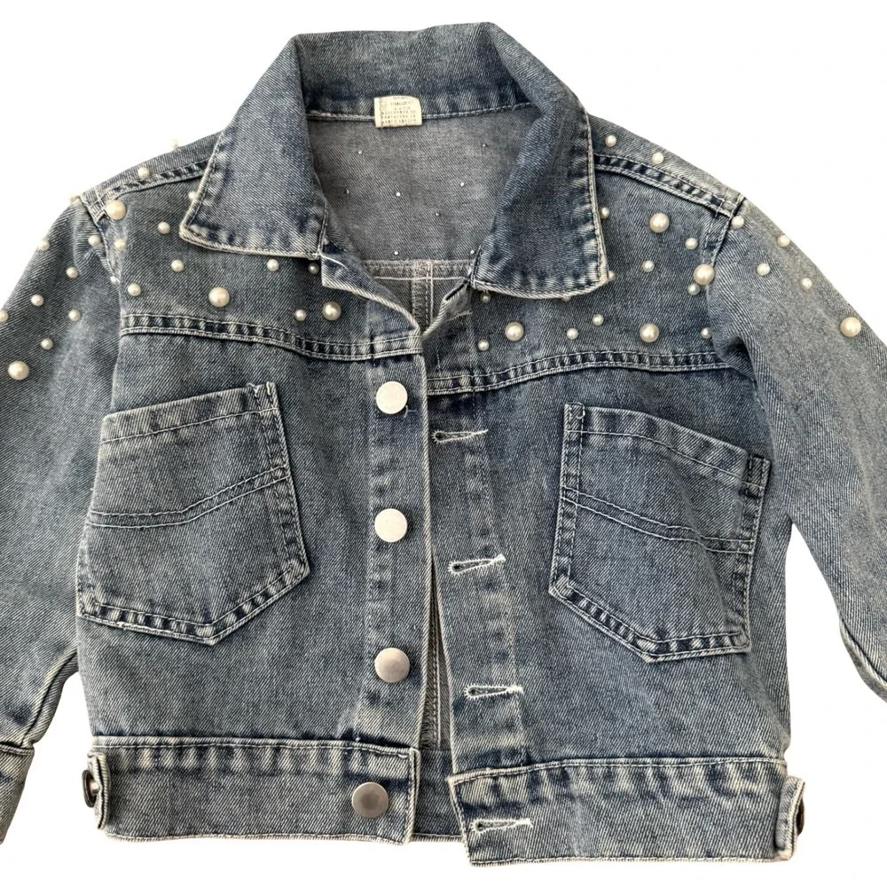 Denim Jacket Blue Pearl Star Embellished Kids Size 100 - Picture 2 of 7